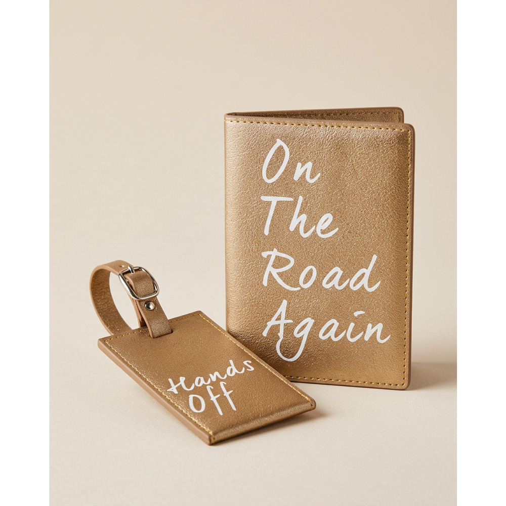 On The Road Again Passport Holder & Hands Off Luggage Tag Gold Travel Set